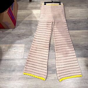 BOHO Galita Crochet Flare Wide-Leg Cream Tan Pants with Yellow Trim Size S New